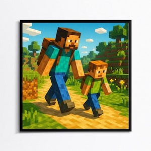 Father and Son Minecraft-Inspired Wall Art – Gamer Family Printable – Digital Art for Kids&#39; Room or Father’s Day Gift