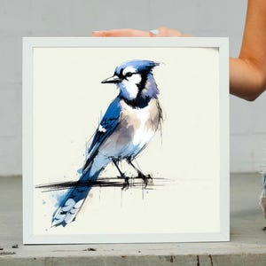 Blauhäher Aquarell Wand Kunst zum ausdrucken - Vogel Wandbild, minimalistische Natur Dekor, moderne botanische digitaler Download, skandinavisches Bauernhaus