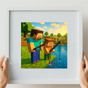 Minecraft-Inspired Father and Son Fishing Printable | Pixel Art Wall Decor | Gamer Room Poster | Digital Download for Kids’ Gaming Space