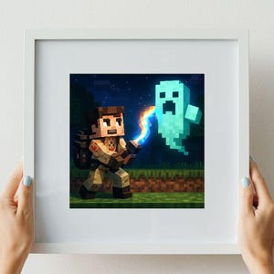 May include: Framed print featuring a pixelated character battling a glowing blue ghost. The character, in a tan uniform, holds a weapon emitting a colorful energy beam. The background depicts a forest scene under a starry night sky.