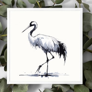 Watercolor Crane Wall Art – Minimalist Bird Painting Printable – Japanese Ink Style Animal Decor, Black White Heron Digital Download