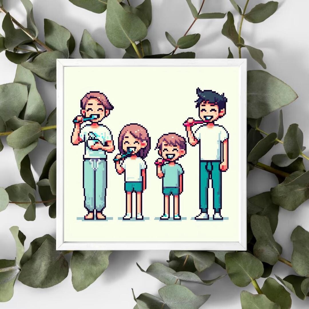 Family of 4 Bathroom Pixel Wall Art, Cute Brushing Teeth Printable for ...