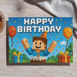 May include: A birthday card with a pixelated design featuring a character with arms raised, a birthday cake, balloons, and the words "HAPPY BIRTHDAY" in large white letters against a blue background. There are also pixelated gift boxes.