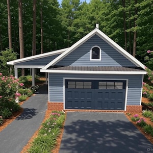 May include: A detached garage with a blue exterior, white trim, and a dark blue garage door. The roof is dark gray, and the building has a small arched window. A driveway leads to the garage, and the surrounding area features trees and landscaping.