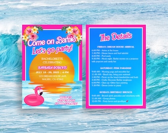 Malibu Barbie Party Invitation & Itinerary Set: Editable Canva Template (Digital Download