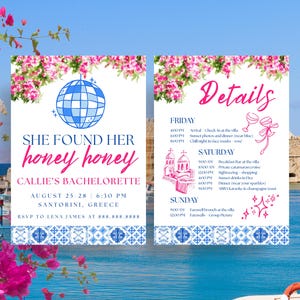 Mamma Mia Bridal Shower Invite & Itinerary: Greece Theme (Digital Download, Canva Template)