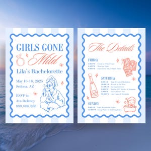 Girls Gone Mild Bachelorette-uitnodiging en reisplan: spaweekend (digitale download, bewerkbare canva-sjabloon)