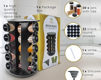 Spice Rack Stainless steel, Countertop Black , 20 Jars, Revolving Organiser