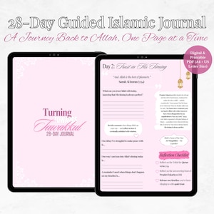 Pode incluir: Diário Islâmico Guiado de 28 dias, digital e imprimível. O diário apresenta um design rosa e branco com o texto "Turning Towards Tawakkul" e "A Journey Back to Allah, One Page at a Time". O diário é projetado para reflexão.