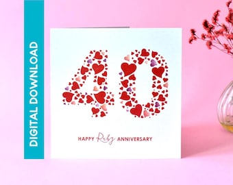 Hearts Ruby 40th Anniversary Card - INSTANT DOWNLOAD