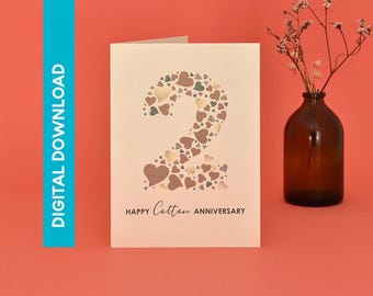 Herzen Cotton 2. Jahrestag Karte - INSTANT DOWNLOAD