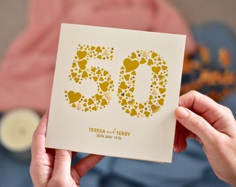 Personalised Love Hearts Gold 50th Anniversary Card