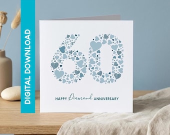 Biglietto di auguri per il 60° anniversario di matrimonio (diamante) stampabile / Download immediato / Biglietto di auguri per il 60° anniversario di matrimonio