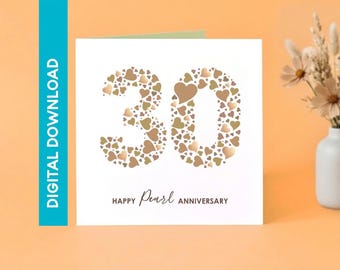 Utskrivbart 30-årsjubileumskort med pärla | Direkt nedladdning | Grattis på 30-årsjubileumskort