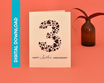 Hearts Leather 3rd Anniversary Card - INSTANT DOWNLOAD