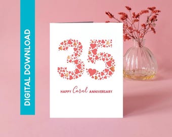 Koraalkleurige kaart 35e huwelijksverjaardag - INSTANT DOWNLOAD - VS A2-formaat