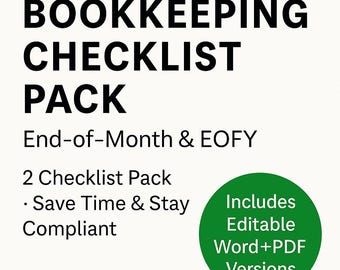 Bookkeeping Checklist Pack | End-of-Month & EOFY Templates | BAS, Payroll, GST, Compliance | Small Business Bookkeeping Tools