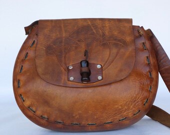 Large Beautiful vintage hand made hand tooled leather hippie MUSHROOM shoulder bag