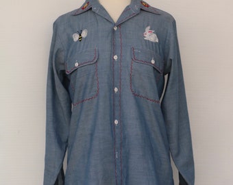 Cute Vintage Big Mac Chambray Shirt with Hand Embroidery