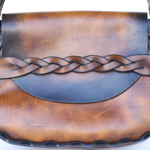Large boho 60's hand made hippie braided leather shoulder bag purse, simple and elegant
