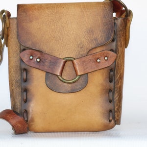 Vintage 60&#39;s hand made boho hippie leather shoulder bag purse Beautiful patina!