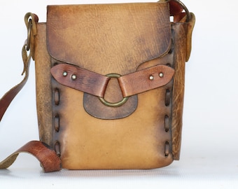 Vintage 60's hand made boho hippie leather shoulder bag purse Beautiful patina!
