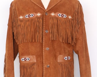 Beautiful mens leather jacket with fancy bead work and fringes Size XL