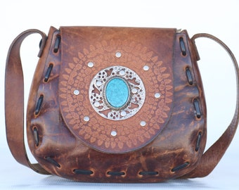 Fancy vintage hand made hand tooled boho leather hippie shoulder bag