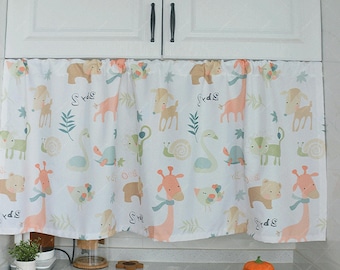 Zoo Animals Valance Curtain, Semi Blackout Small Drape For Children's Room,