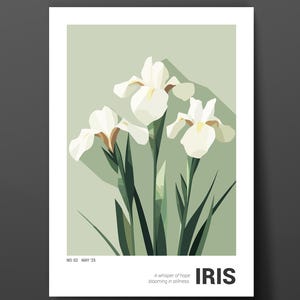 Minimal Flower Art Print – Iris – Modern Botanical Poster with Flower Meaning – Flat Design Wall Decor for Nursery, Kitchen, Studio)