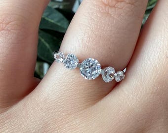 5-Stone CZ Ring Sterling Silver – Round Cut Dainty Engagement Band – Minimalist Stacking Ring – Promise Ring – Gift for Her
