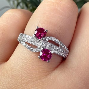 Double Ruby CZ Crossover Ring – Sterling Silver Infinity Twist Ring – Romantic Promise Ring – July Birthstone Gift for Her