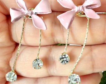 Pink Bow Drop Earrings | Kawaii Crystal Dangle Earrings | Cute Korean Style Earrings for Women | Dainty Gift for Her | Y2K Jewelry