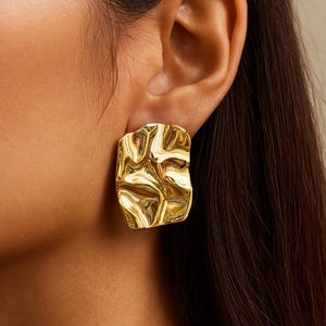 Bold Gold Plated Rectangle Earrings – Textured Stainless Steel Studs • Chunky Modern Statement Jewelry • Lightweight Gift for Her