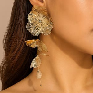 Gold Floral Statement Earrings – Long Oversized Drop Earrings with Dangling Leaves, Lightweight Bridal Wedding Guest & Gala Jewelry