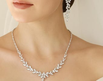 CZ Crystal Bridal Jewelry Set: Necklace, Earrings & Bracelet - Silver Tone
