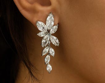 Leaf CZ Bridal Earrings · Long Marquise Crystal Drop · Silver Cubic Zirconia Earrings for Bride · Lightweight Wedding Jewelry
