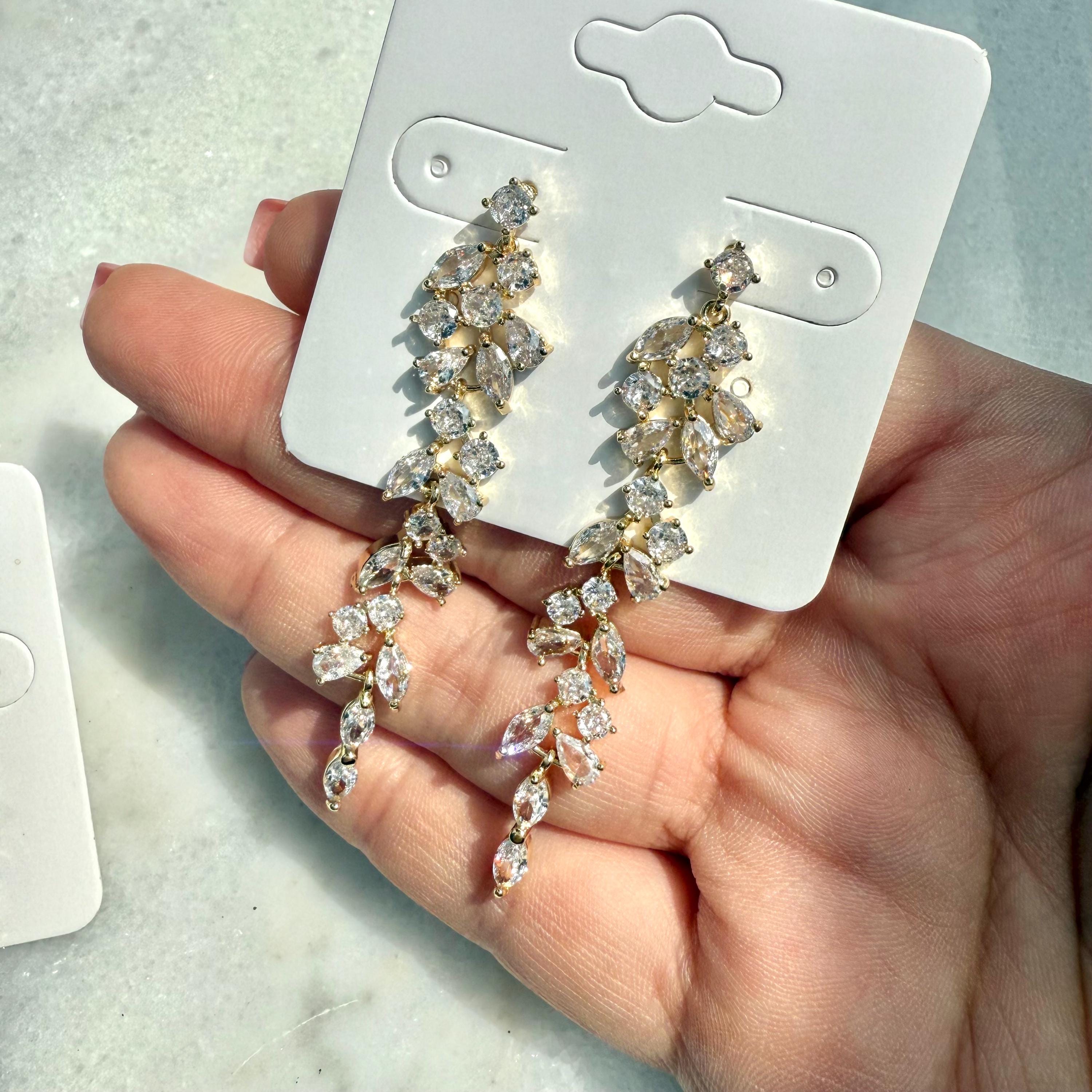 CZ Bridal Drop Earrings | Long Crystal Leaf Earrings for Wedding | Gold, Silver, Rose Gold Statement Jewelry | Bridesmaid Gift