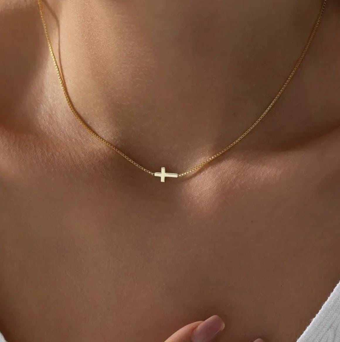 Sideways Cross Necklace Gold or Silver – Dainty 14K Gold Plated Box Chain Faith Necklace, Christian Jewelry Gift for Her