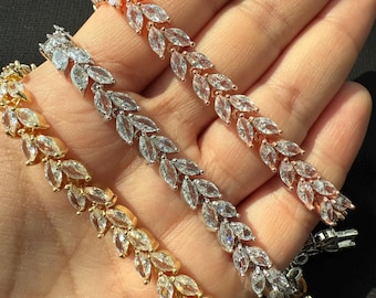 Silver Marquise CZ Tennis Bracelet | Sparkling Cubic Zirconia Leaf-Link Wedding Bracelet for Bride | Luxury Anniversary Gift for Her