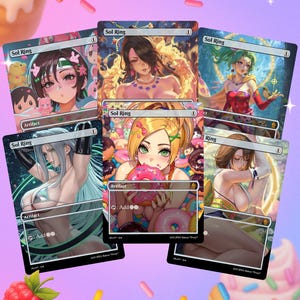 May include: Six Sol Ring trading cards featuring anime-style illustrations of women. The cards have a black border and include the text "Sol Ring" and "Artifact". The background is a pastel purple with sprinkles and a cupcake.