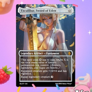 May include: A fantasy card titled "Excalibur, Sword of Eden" featuring a blonde woman holding a glowing sword. The card is labeled "Legendary Artifact - Equipment" with game text. The background is a soft blue with golden accents. The card has a "V1" logo.