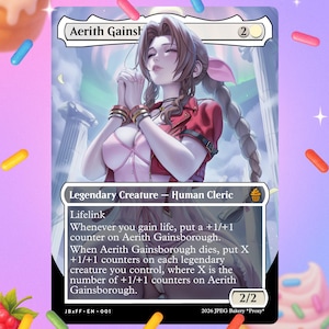 May include: A collectible trading card featuring an illustration of Aerith Gainsborough with braided hair, wearing a red jacket over a pink outfit. The card text identifies her as a Legendary Creature Human Cleric with Lifelink abilities.