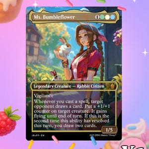 May include: A Magic: The Gathering card featuring "Ms. Bumbleflower," a Legendary Creature Rabbit Citizen. The artwork depicts a woman holding a rabbit. The card has a 1/5 power/toughness and includes game text. The background is a colorful fantasy scene.