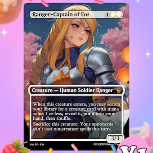 May include: A trading card featuring a female character with long blonde hair, wearing silver armor and a blue and white uniform. The card is titled "Ranger-Captain of Eos" and includes game text. The card has a 3/3 power and toughness.