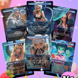 May include: A collection of six fantasy art trading cards. Each card features a different female character with vibrant colors and detailed artwork. The cards have text descriptions and titles, including "Mystical Tutor" and "Cyclonic Rift."