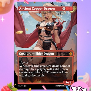 Puede incluir: Una carta de Magic: The Gathering con el "Ancient Copper Dragon". El arte de la carta muestra una figura femenina con armadura negra y una capa roja. El texto de la carta incluye "Criatura - Elder Dragon" e instrucciones del juego. La carta tiene 6/5 de fuerza/resistencia.