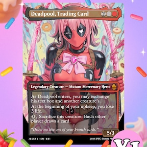 Könnte beinhalten: Sammelkarte mit Deadpool in einem rosa-roten Kostüm, der zwei rosa Schwerter hält. Die Karte hat eine rosa Schleife und eine herzförmige Augenmaske. Der Text auf der Karte lautet "Deadpool, Trading Card" und "Legendary Creature - Mutant Mercenary Hero."