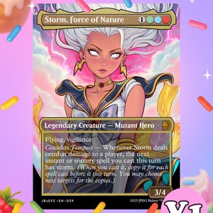 May include: A fantasy art card featuring Storm, Force of Nature. The card depicts a woman with white hair and lightning bolt earrings, set against a pink and blue background. The card includes text describing the character's abilities.