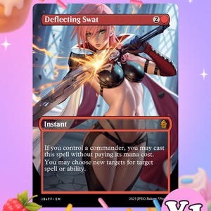 May include: A fantasy art card titled "Deflecting Swat" featuring a female character with pink hair and a weapon. The card has a red border and includes the text "Instant." The background is a colorful design with sprinkles and desserts.
